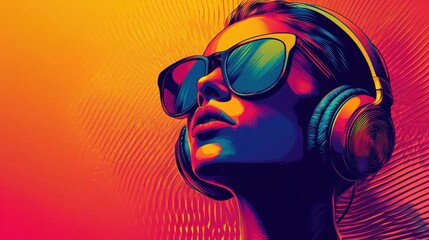 Bold, vibrant portrait of a woman in sunglasses and headphones. Fiery red and orange hues create a striking, energetic vibe