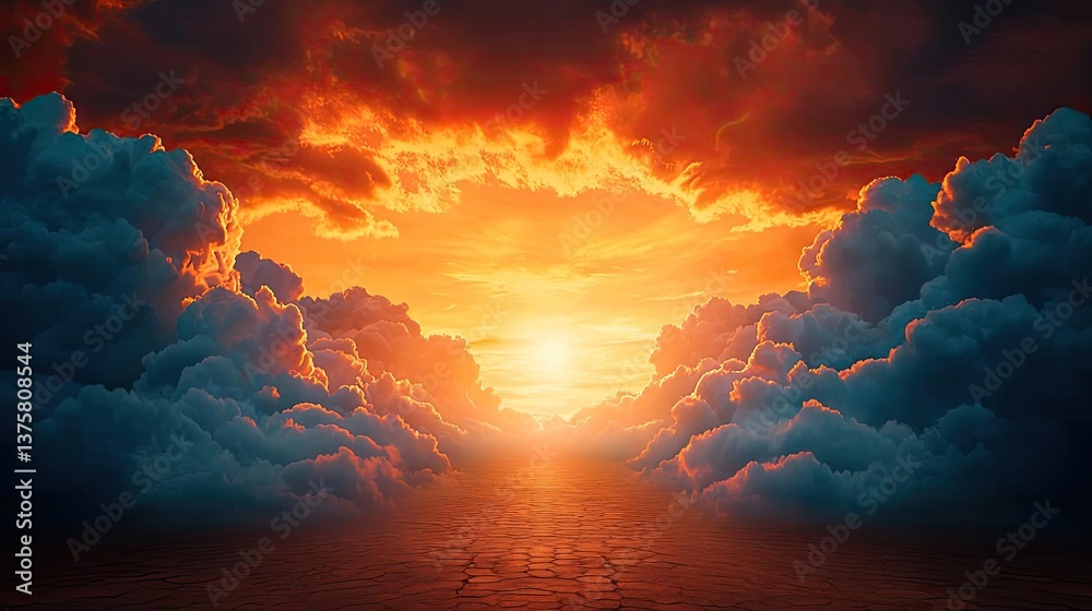 Poster dark clouds sunset horizon with fiery clouds and glowing sky concept. stunning sunset over the ocean