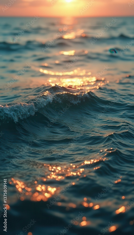 Poster Sunset over the Ocean: Waves Sparkling with Golden Light at Dusk