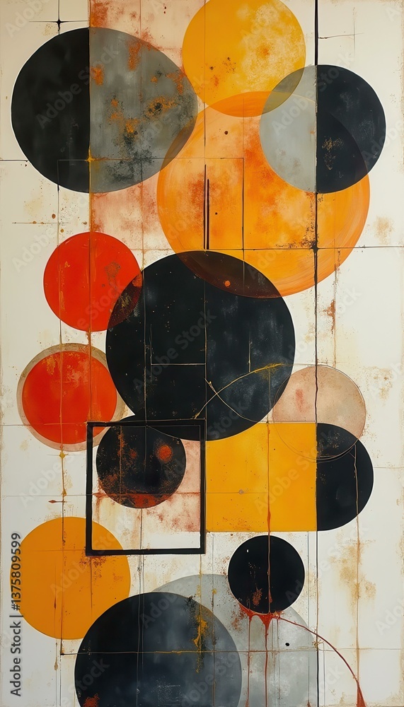 Aufkleber Abstract Composition of Overlapping Circles and Squares with Distressed Texture and Warm Color Palette on Tiled Background