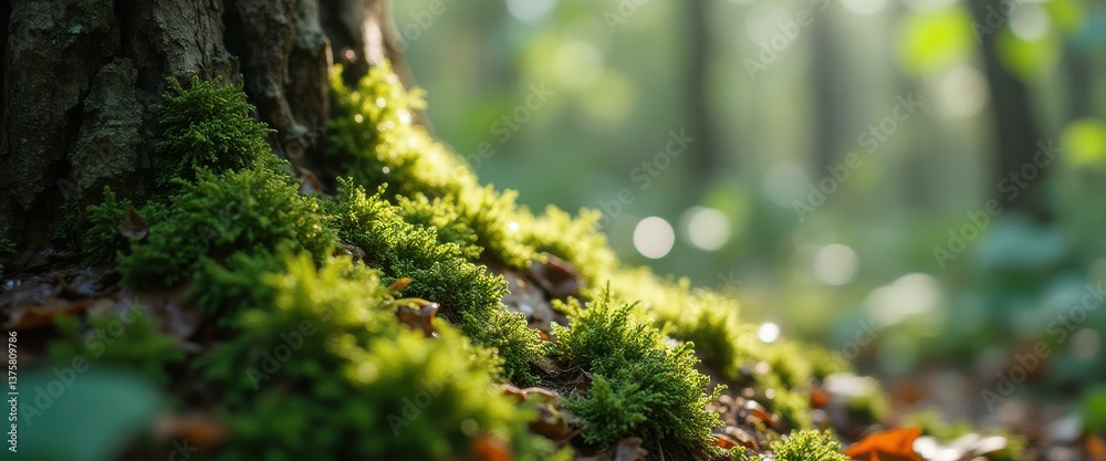 Poster Sunlit Moss Clinging to Tree Trunk in Lush Forest, Vibrant Greenery and Bokeh Highlights creating a Tranquil Nature Scene