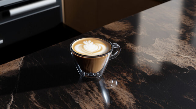 luxury glass cup of coffee on black and brown marble kitchen counter top
