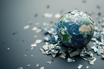 A shattered Earth globe with fractured surface and surrounding shards