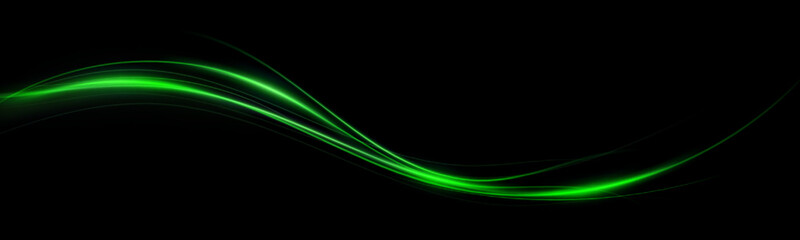 Green speed lines, light in motion, glowing light trails with sparkles. Vector decor wind.