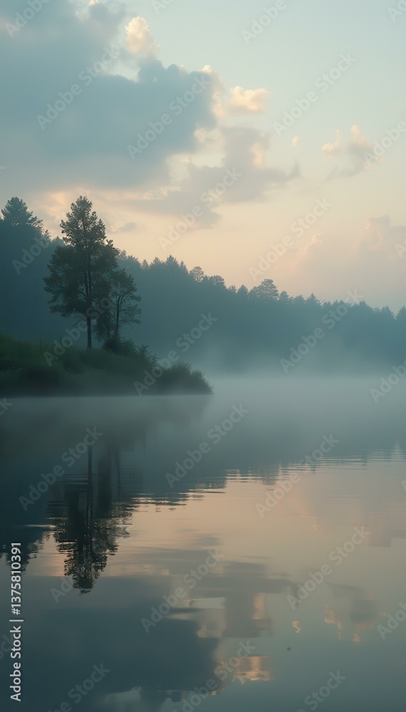 Poster tranquil lake scene at dawn with mist rising over water, reflecting sky and trees, creating a peacef