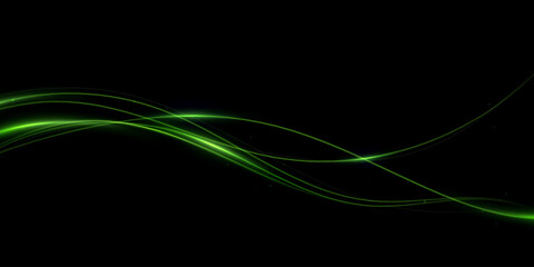 Green speed lines, light in motion, glowing light trails with sparkles. Vector decor wind.