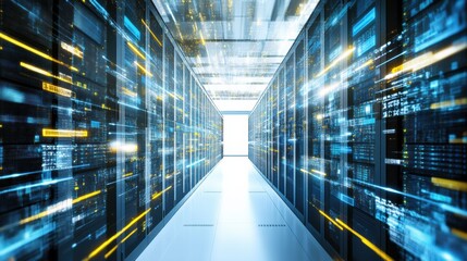 Futuristic Server Room Data Center Blue And Yellow Digital Data Streams Flow Through Bright Corridor