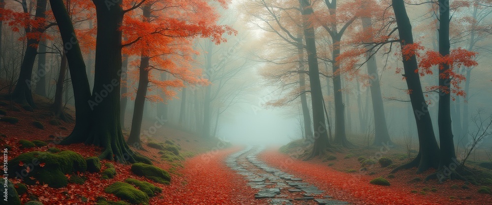 Poster autumn forest path with orange leaves and misty atmosphere