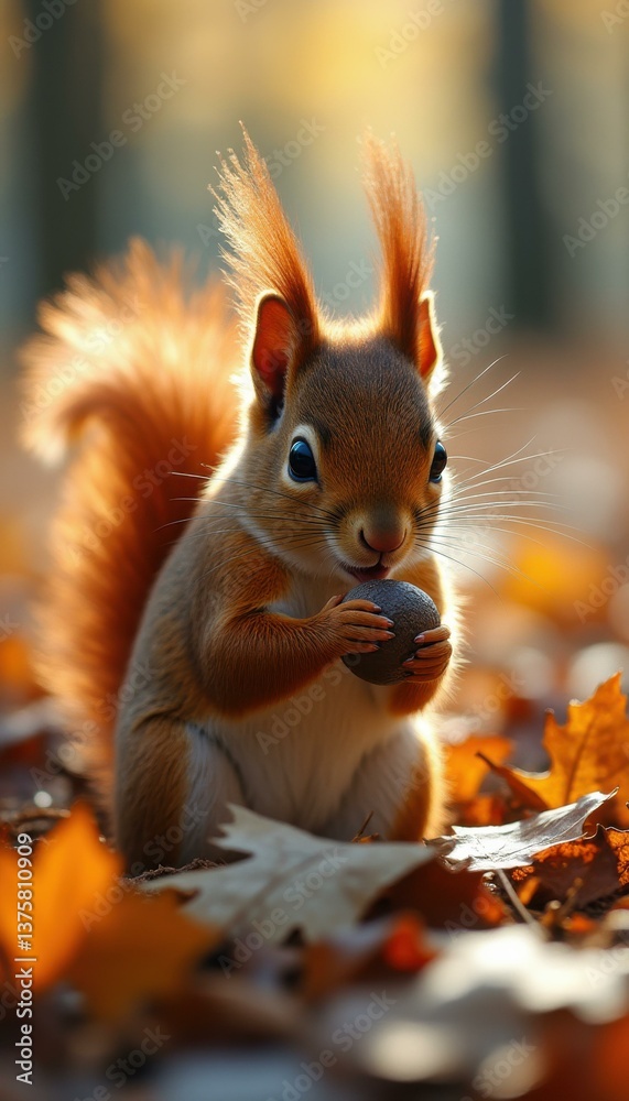 Poster squirrel holds a nut in its paws on fall leaves looking at viewer