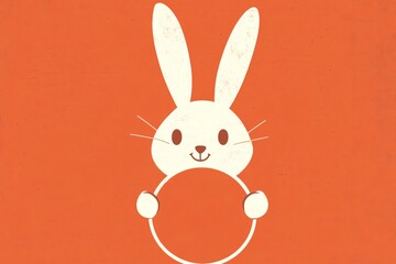 Fototapeta premium A sweet bunny rabbit gently holding a large orange circle, a charming Easter illustration with a textured burnt orange background.