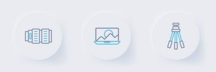 Set line Tripod, Photo retouching and Camera photo lens icon. Vector
