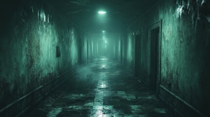 Fototapeta premium Empty, eerie hospital hallway, fog, fading light. Use for horror, thriller, or mystery