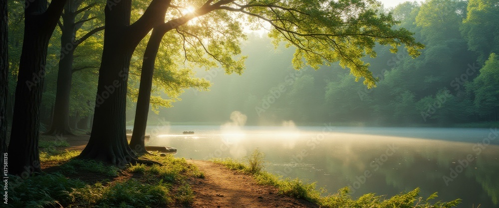 Poster Tranquil Lakeside Forest at Dawn with Mist and Sunlight Filtering Through the Trees - Scenic Nature Photography