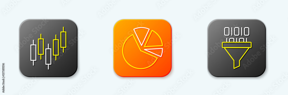 Poster set line browser with stocks market, pie chart infographic and binary code icon. vector