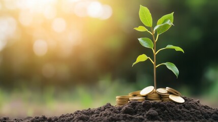 Investment and Growth: a verdant sprout flourishing from a pile of gold coins, symbolizing financial growth, investment, and the blossoming of new opportunities, set against a soft, blurred backdrop.