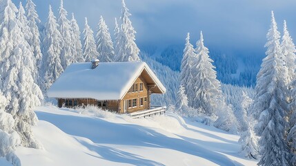 A snow-covered cabin nestled deep in a winter wonderland