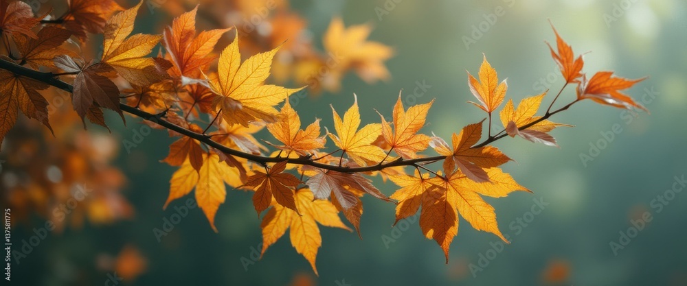 Poster autumn maple leaves on branch glowing in sunlight, beautiful fall color display