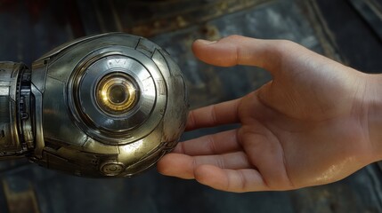 Closeup of a Human Hand Receiving a Metallic Sphere from a Robotic Arm