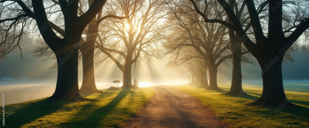 Poster sunlit pathway through a misty park with old trees and radiant beams, creating a serene and peaceful