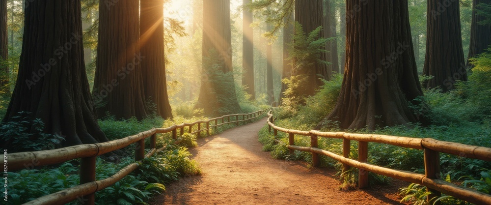 Aufkleber tranquil forest path: sunlit pathway through towering trees and lush ferns