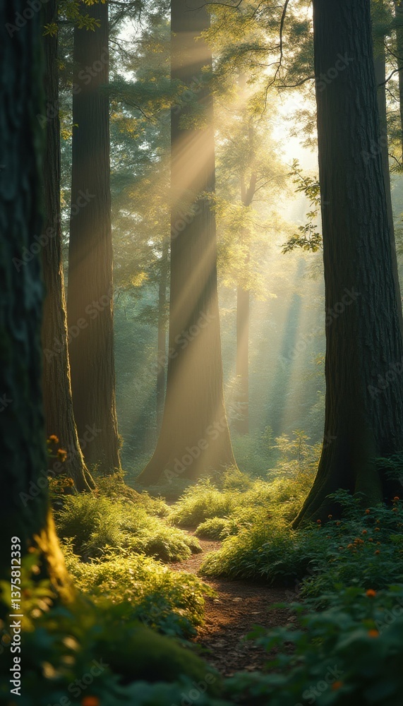 Poster Enchanted Forest Path: Sunbeams Filtering Through Ancient Trees, Illuminating Lush Greenery and a Winding Trail