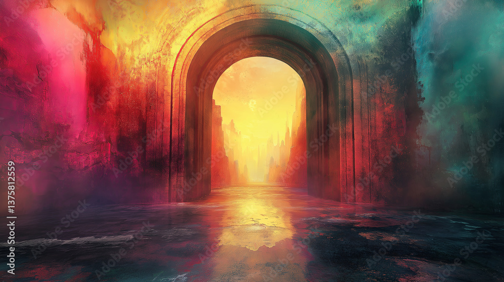 Poster a surreal archway that leads to an alternate dimension of vibrant colors