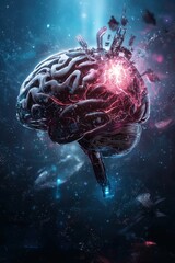 Futuristic Digital Brain with Neon Lights and Circuitry Elements