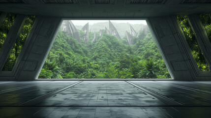Futuristic interior view overlooking lush green jungle with sci-fi structures emerging from the misty forested hills.