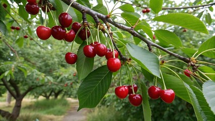Obraz premium Cherries and Green Leaves - So Pretty!