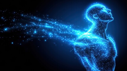 Glowing Blue Human Form with Particle Trails Abstract Digital Art