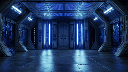 Empty futuristic sci fi hallway with glowing blue neon lights, metallic panels, and high-tech architecture in a spaceship or space station.