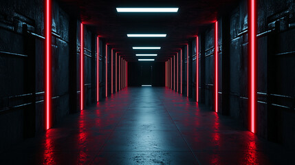Futuristic sci fi corridor with glowing red and blue lights, dark walls and reflective floor in a cyberpunk style interior.