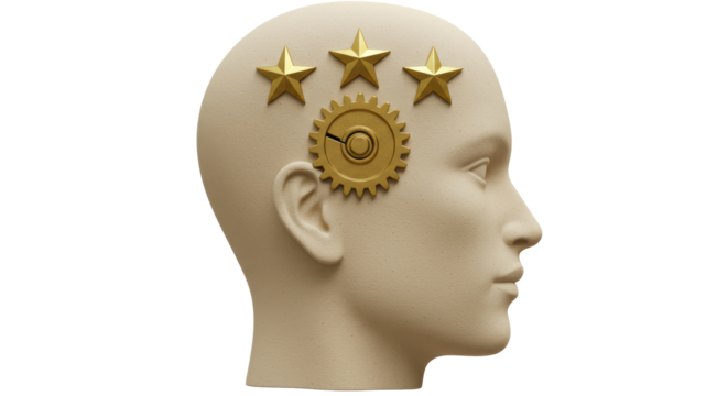 Isolated Head Silhouette with Stars and Gear Symbolizing Cognitive Processes