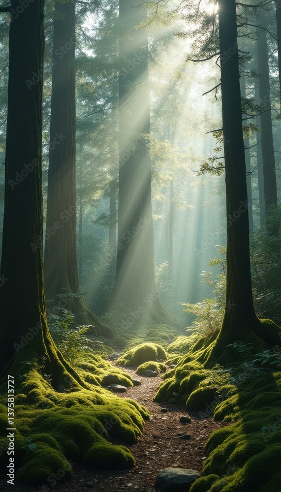 Poster sunbeams through ancient forest illuminating mossy path