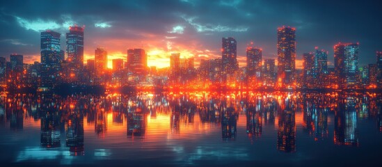 Obraz premium Sunset Cityscape Reflection, Vibrant Metropolis, Evening