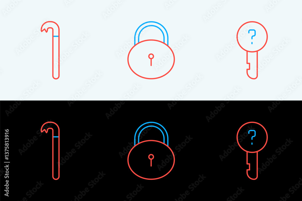Poster set line undefined key, crowbar and lock icon. vector