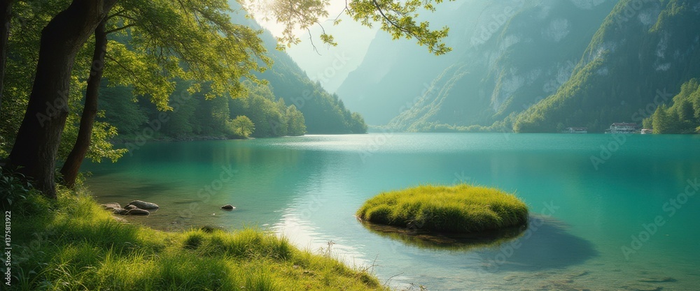 Aufkleber serene alpine lake surrounded by lush green mountains with an islet of grass floating in the clear t