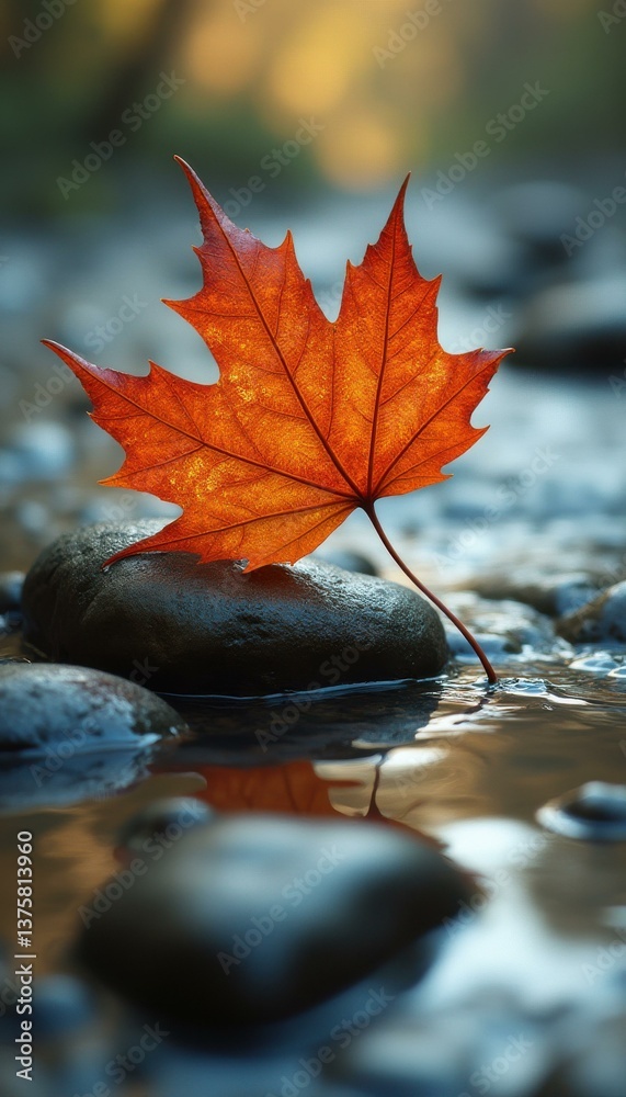 Poster serene autumn scene featuring a vivid maple leaf resting on a stone in a shallow stream, illuminated