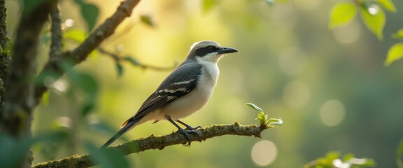 Elegant bird perches gracefully on mossy branch, bathed in sunlight, creating a tranquil nature scene
