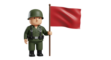 Isolated 3D Soldier Holding Red Flag Cartoon Style