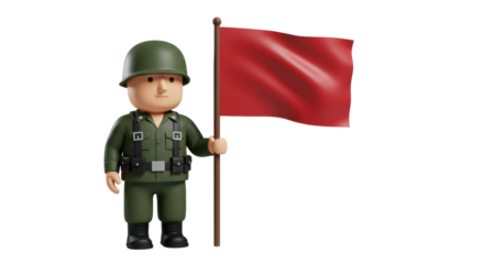 Isolated 3D Soldier Holding Red Flag Cartoon Style