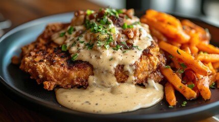 A high-end restaurant take on chicken fried steak served on a dark ceramic plate.