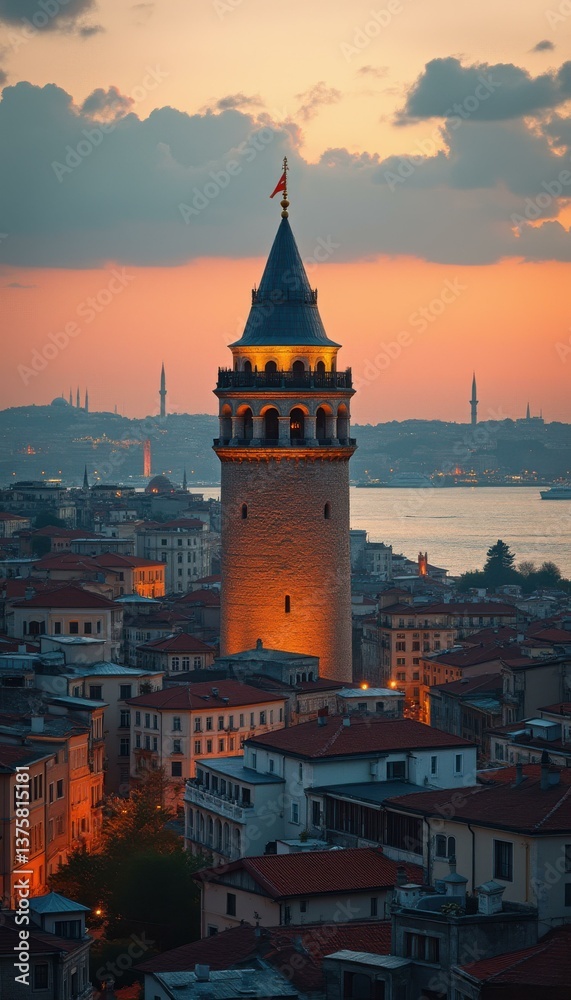 Poster captivating illuminated tower at dusk, overlooking dense buildings and distant skyline
