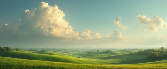Obraz premium Serene Green Hills Under a Pastel Sky with Fluffy Clouds - A Tranquil and Scenic Landscape