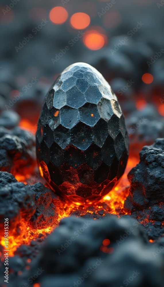 Poster forged egg nestled amidst glowing embers creating a striking contrast of textures and light
