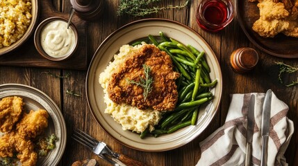 A homestyle Southern meal featuring a crispy chicken fried steak and buttery green beans.