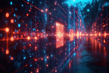 Obraz premium Futuristic data tunnel, glowing panels, digital network, city lights in background