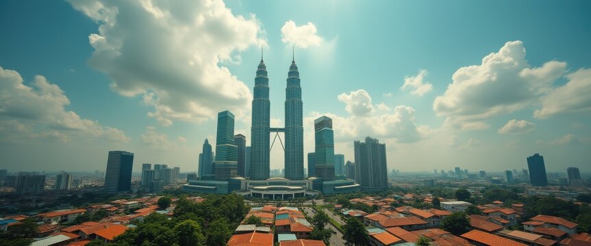 Majestic towers dominate the skyline above a cityscape with buildings, rooftops, and lush trees under a bright cloudy sky