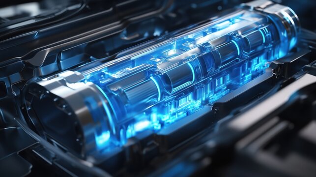 A close-up cross-section of an LFP battery cell showing the layered lithium iron phosphate cathode material, with electric blue energy flowing through it