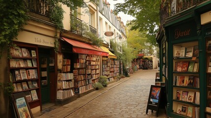 A vintage European street lined with charming bookstores